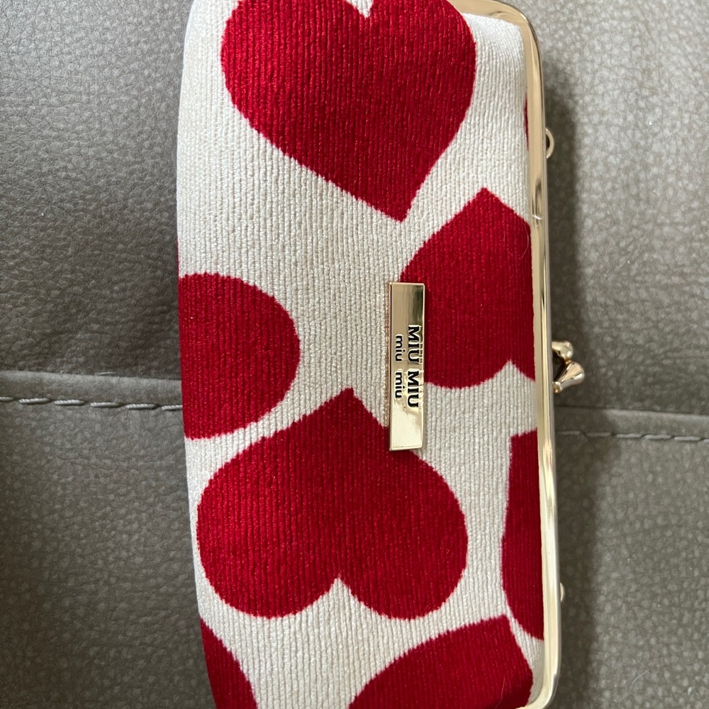 Miu Miu White Clutch with Red Heart Pattern and Gold Hardware
